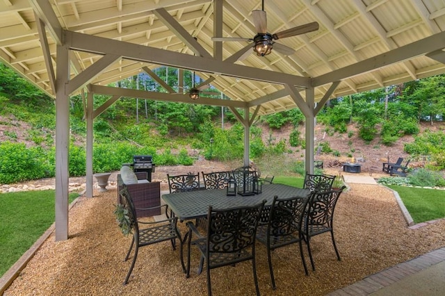 2277 Lazy Days Rd, Dacula, GA 30019 - view of patio / terrace with a gazebo, a ceiling fan, and outdoor dining space