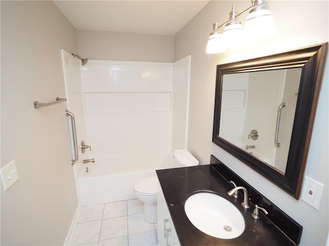 full bath featuring shower / bathtub combination, vanity, toilet, and tile patterned floors