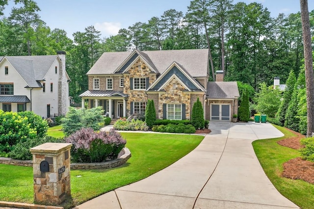 6470 Long Island Dr NW, Atlanta, GA 30328 - view of front of house featuring stone siding, a front lawn, and view of wooded area
