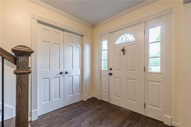 entrance foyer featuring crown molding and dark hardwood / wood-style floors