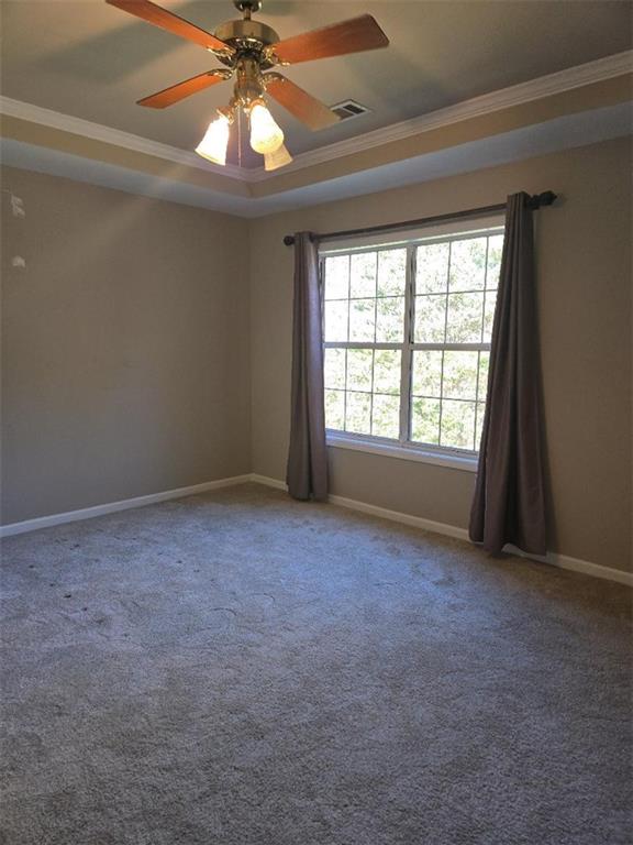 spare room featuring carpet flooring, a tray ceiling, ceiling fan, and crown molding