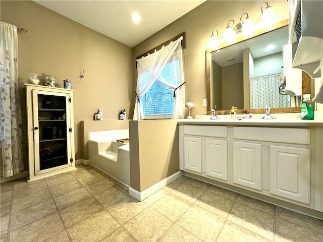 full bathroom with a shower with curtain, baseboards, a sink, a garden tub, and double vanity