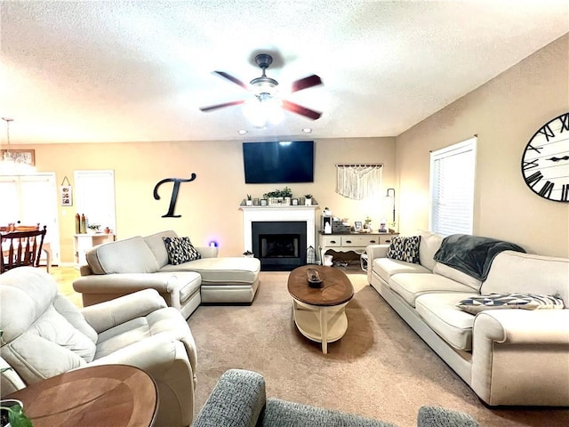 carpeted living area with a ceiling fan, plenty of natural light, a fireplace, and a textured ceiling
