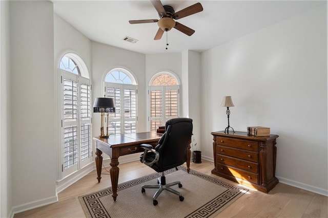 office area featuring visible vents, baseboards, ceiling fan, and light wood finished floors