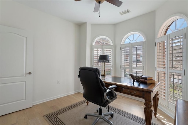 office area featuring baseboards, wood finished floors, visible vents, and ceiling fan