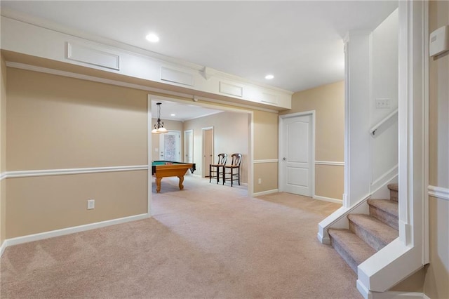 playroom featuring recessed lighting, carpet flooring, baseboards, and billiards