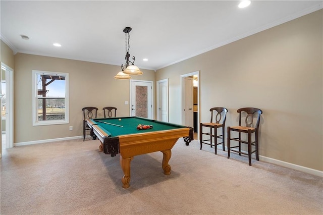 recreation room with pool table, baseboards, crown molding, and carpet