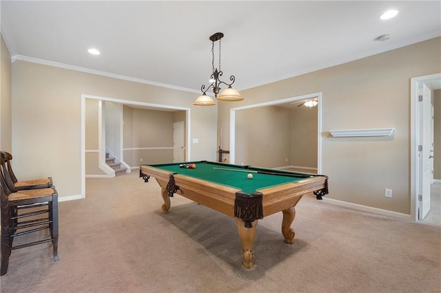 recreation room featuring pool table, crown molding, carpet flooring, and baseboards