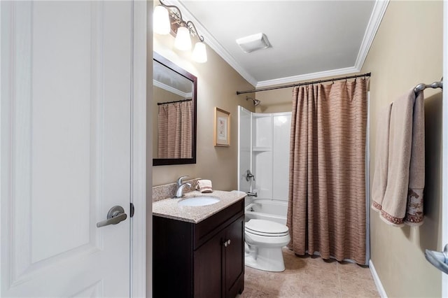 full bathroom with shower / bathtub combination with curtain, toilet, ornamental molding, tile patterned flooring, and vanity