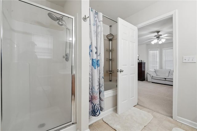 2545 Gatewater Ct, Cumming, GA 30040 - ensuite bathroom with ceiling fan, tile patterned floors, and baseboards