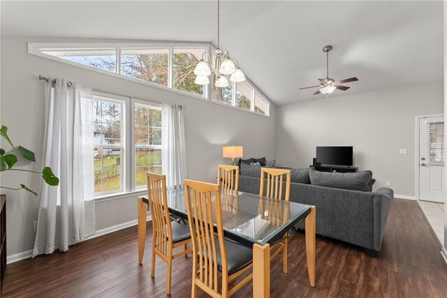 1283 Woodleigh Rd SW, Marietta, GA 30008 - dining space with vaulted ceiling, dark wood-type flooring, and ceiling fan with notable chandelier