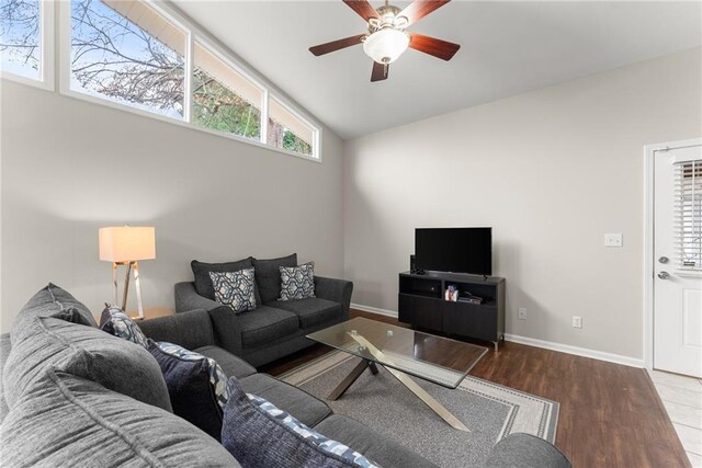 1283 Woodleigh Rd SW, Marietta, GA 30008 - living room with hardwood / wood-style floors, ceiling fan, and vaulted ceiling