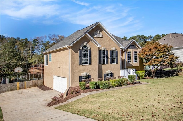 view of side of home featuring a lawn and a garage