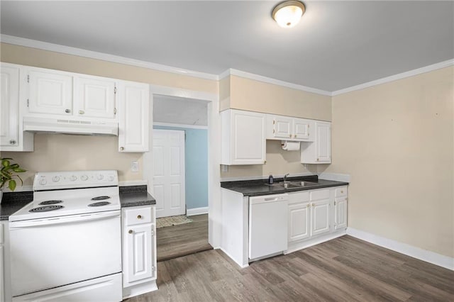 1591 Jonesboro Rd SE, Atlanta, GA 30315 - kitchen with white appliances, under cabinet range hood, a sink, wood finished floors, and baseboards