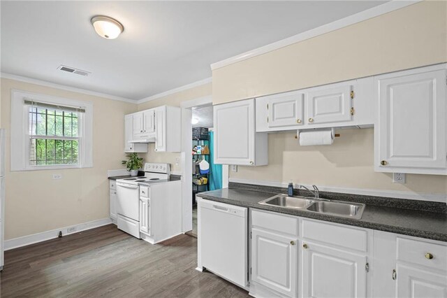 1591 Jonesboro Rd SE, Atlanta, GA 30315 - kitchen with white appliances, a sink, ornamental molding, white cabinetry, and under cabinet range hood
