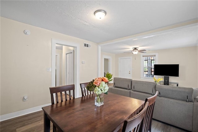1591 Jonesboro Rd SE, Atlanta, GA 30315 - dining room with dark wood-style floors, baseboards, ceiling fan, and a textured ceiling