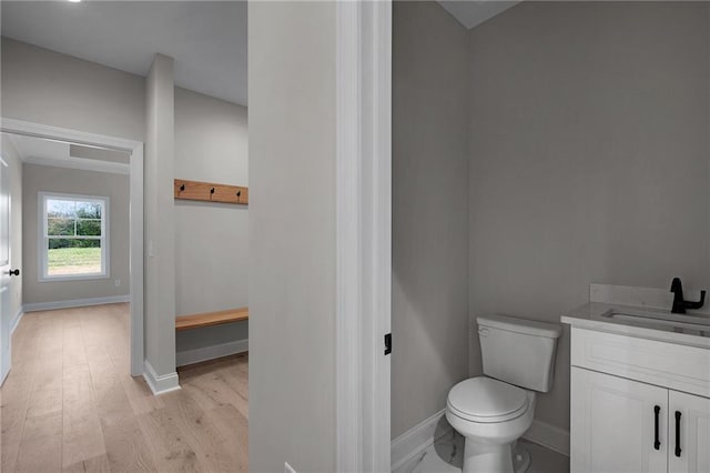 bathroom with hardwood / wood-style floors, vanity, and toilet