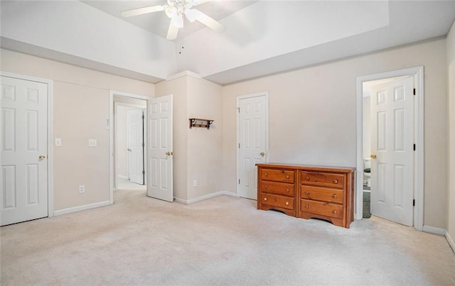 bedroom featuring light carpet and ceiling fan