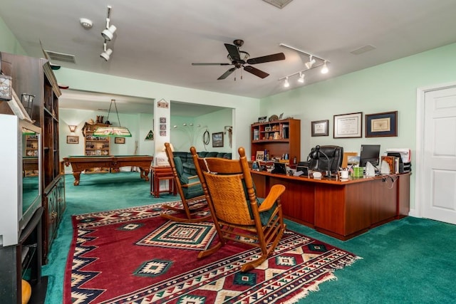 home office featuring pool table, dark carpet, ceiling fan, and track lighting