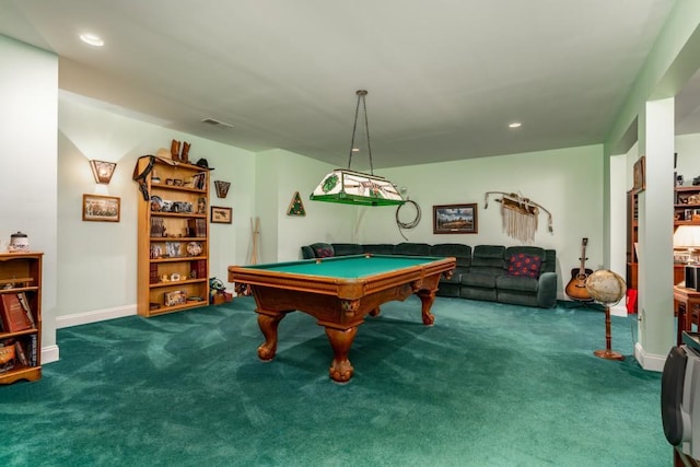 recreation room featuring dark colored carpet and billiards