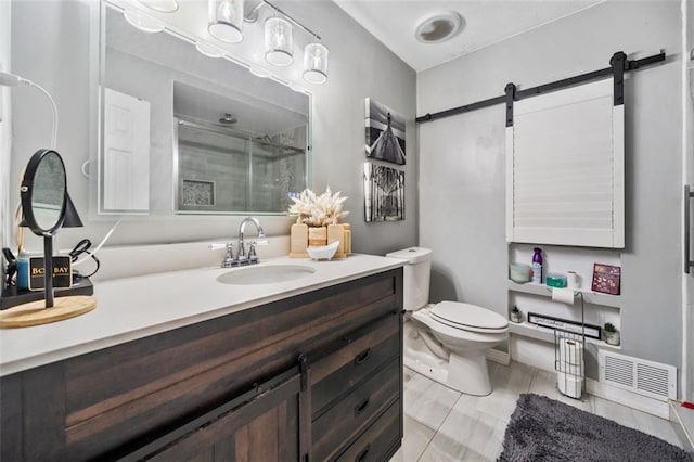 bathroom with visible vents, toilet, a stall shower, and vanity