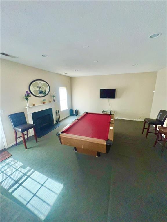 recreation room with carpet floors and billiards