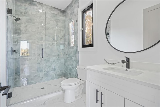 bathroom with toilet, vanity, and an enclosed shower