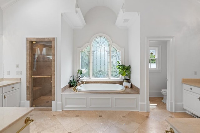 full bathroom with independent shower and bath, vanity, toilet, and high vaulted ceiling