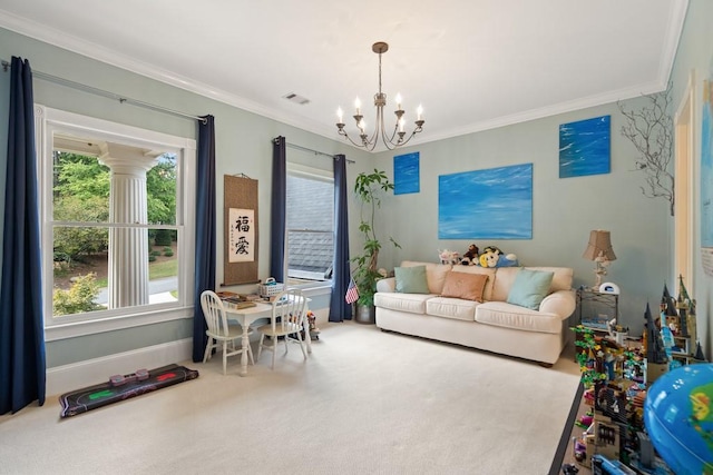 living room with crown molding, plenty of natural light, a chandelier, and carpet