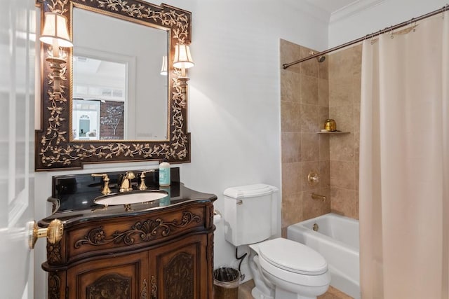 full bathroom featuring shower / tub combo, vanity, toilet, and ornamental molding