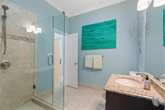 bathroom featuring vanity, crown molding, tile patterned flooring, and an enclosed shower