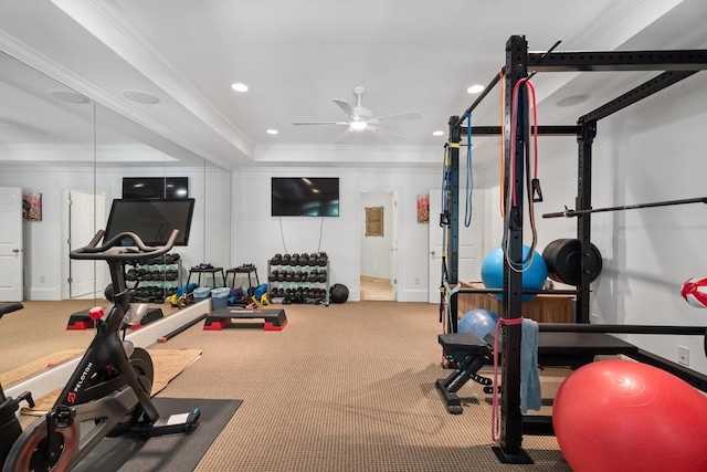 workout room featuring carpet floors, crown molding, and ceiling fan