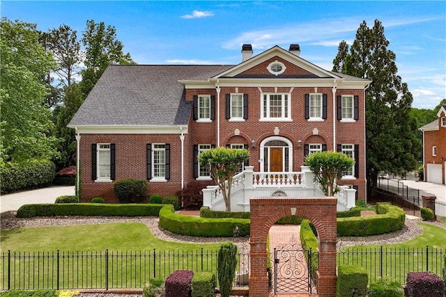 colonial-style house with brick siding, a front lawn, a fenced front yard, and a chimney