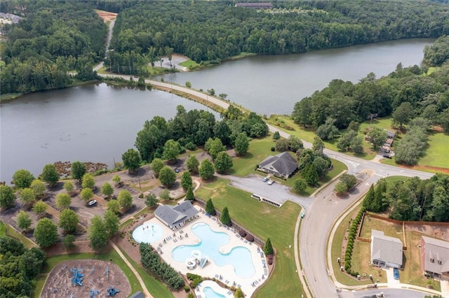 birds eye view of property featuring a water view