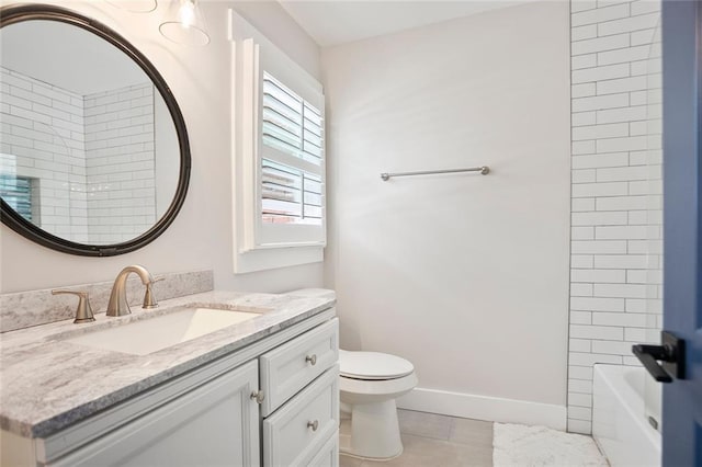 4167 Oakwood Way, Duluth, GA 30096 - bathroom featuring vanity, toilet, baseboards, tile patterned flooring, and washtub / shower combination