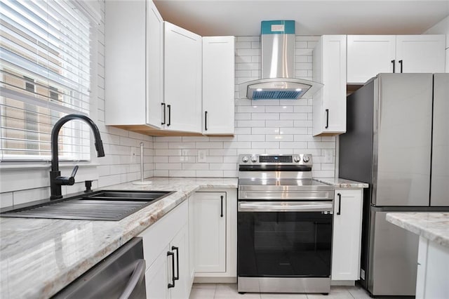 4167 Oakwood Way, Duluth, GA 30096 - kitchen with stainless steel appliances, wall chimney exhaust hood, a sink, white cabinetry, and light stone counters