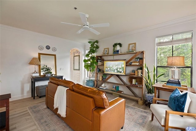 3777 Peachtree Rd NE Unit 1227, Brookhaven, GA 30319 - living area with ornamental molding, ceiling fan, and light wood finished floors