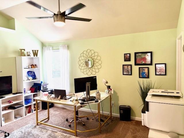 558 Hideaway Dr, Jonesboro, GA 30238 - carpeted office space with ceiling fan, lofted ceiling, and baseboards