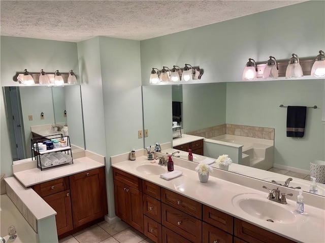403 Hickory Walk, Woodstock, GA 30188 - bathroom with a textured ceiling, double vanity, a bath, and tile patterned floors