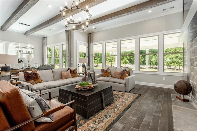 sunroom with beamed ceiling and a chandelier