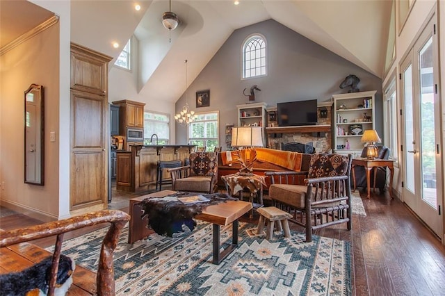 living room featuring a fireplace, dark hardwood / wood-style floors, and a wealth of natural light