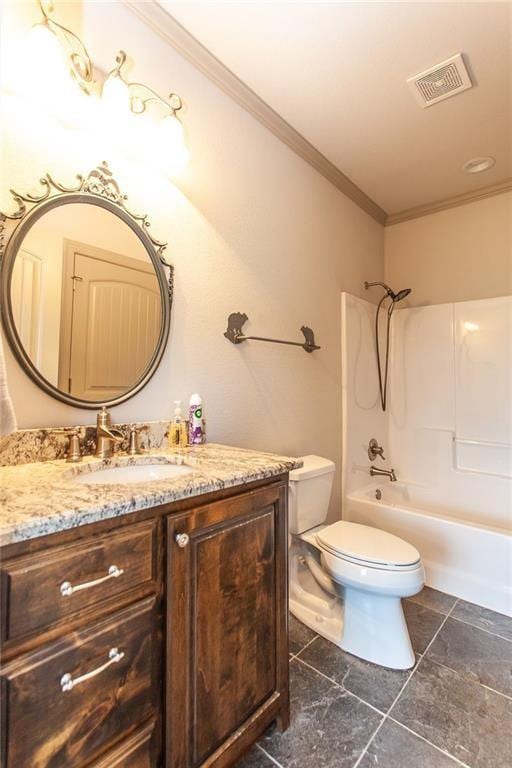 full bathroom featuring ornamental molding, vanity, toilet, and bathtub / shower combination