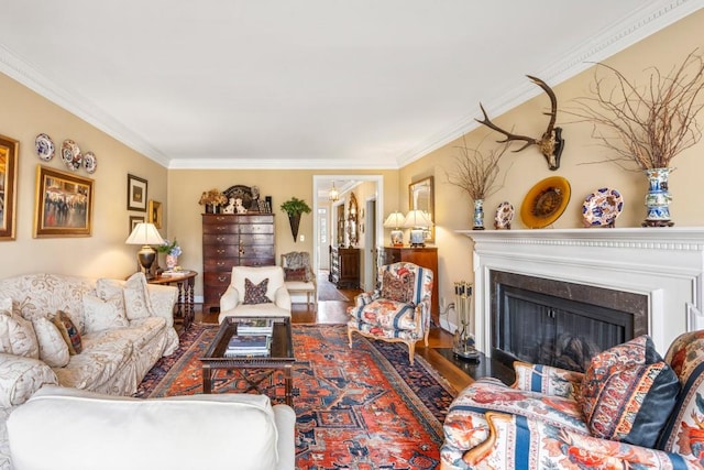 living room with crown molding and wood-type flooring