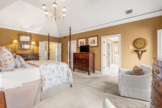 bedroom featuring connected bathroom, a notable chandelier, ornamental molding, vaulted ceiling, and light colored carpet