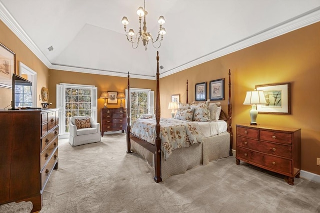 bedroom with crown molding, light colored carpet, a chandelier, and vaulted ceiling