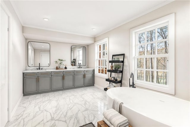 bedroom featuring multiple windows, ornamental molding, and sink