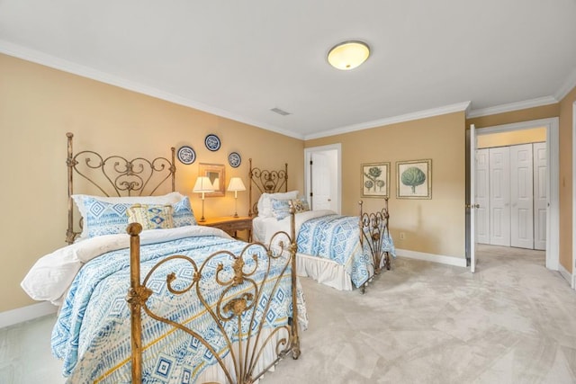 bedroom featuring ornamental molding and light colored carpet