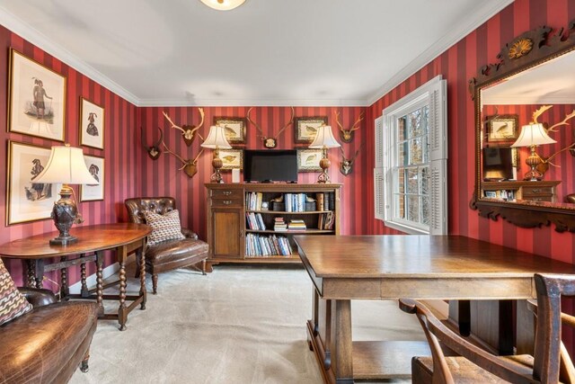 dining area featuring crown molding and light carpet