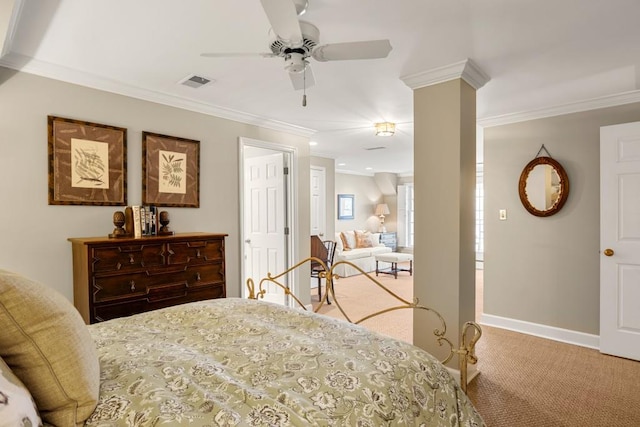 bedroom featuring ceiling fan, ornamental molding, light carpet, and ornate columns