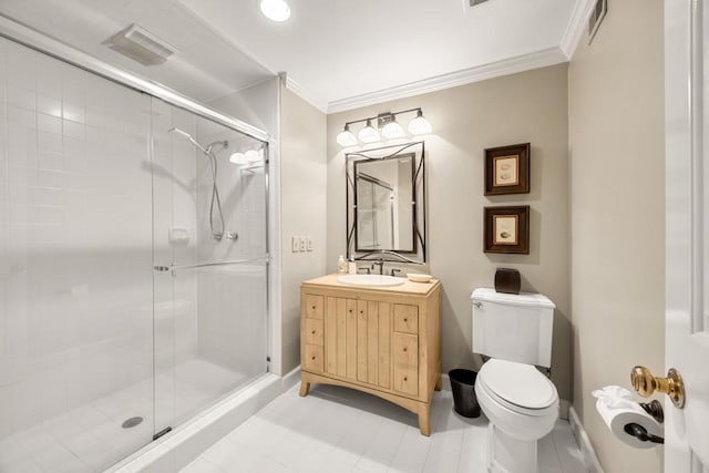 bathroom featuring an enclosed shower, vanity, ornamental molding, and toilet